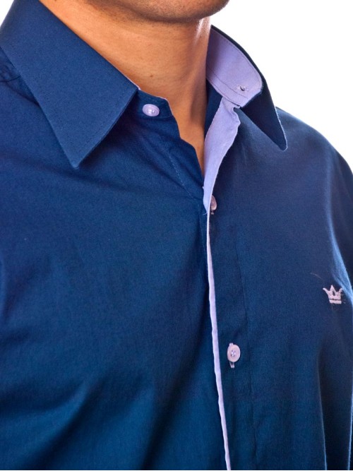 Camisa social azul marinho de tricoline manga longa Camisa social azul marinho de tricoline manga longa
