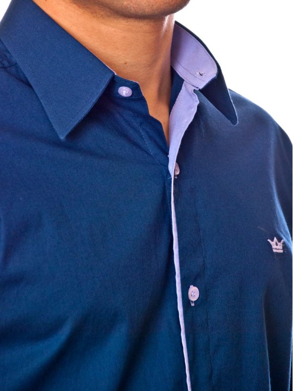 Camisa social azul marinho de tricoline manga longa Camisa social azul marinho de tricoline manga longa