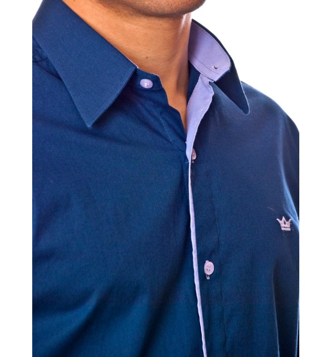 Camisa social azul marinho de tricoline manga longa Camisa social azul marinho de tricoline manga longa