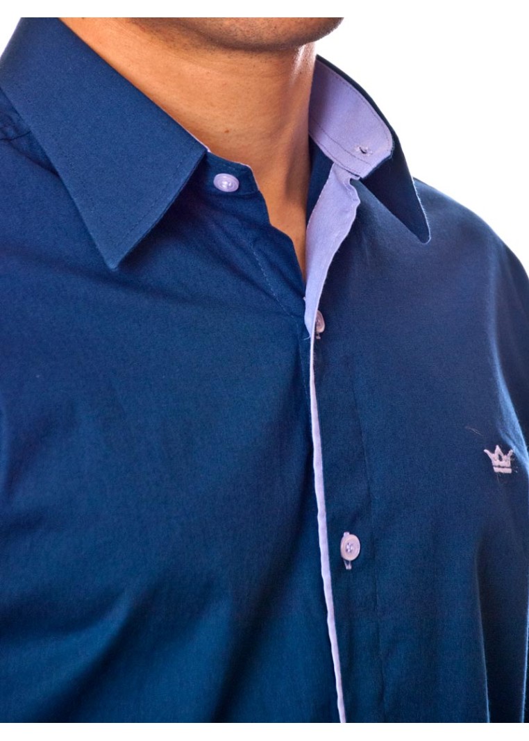 Camisa social azul marinho de tricoline manga longa