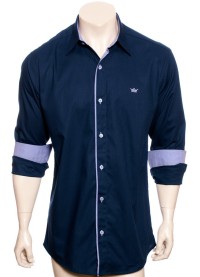 Camisa social azul marinho de tricoline manga longa