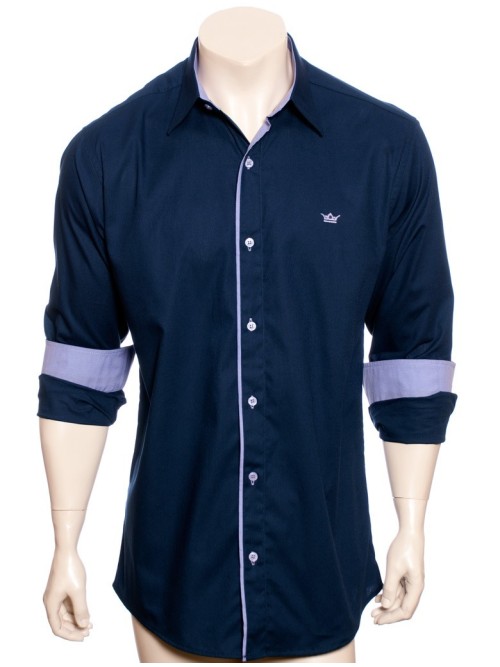 Camisa social azul marinho de tricoline manga longa