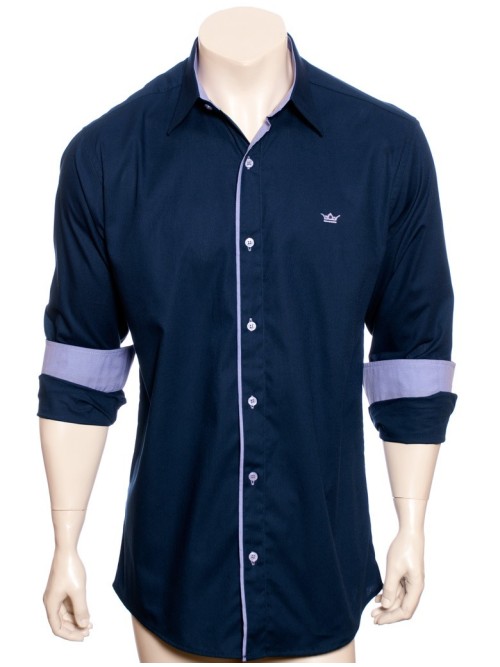 Camisa social azul marinho de tricoline manga longa Camisa social azul marinho de tricoline manga longa