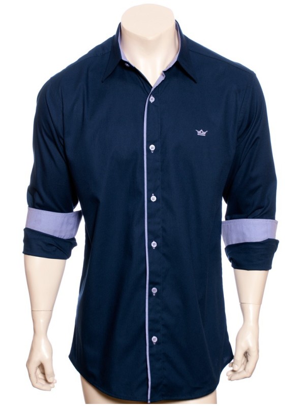 Camisa social azul marinho de tricoline manga longa Camisa social azul marinho de tricoline manga longa