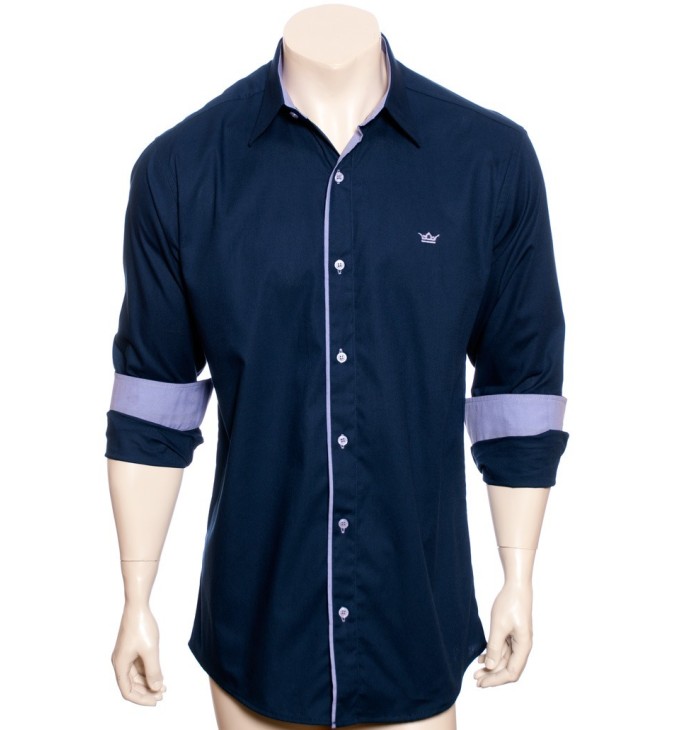 Camisa social azul marinho de tricoline manga longa Camisa social azul marinho de tricoline manga longa