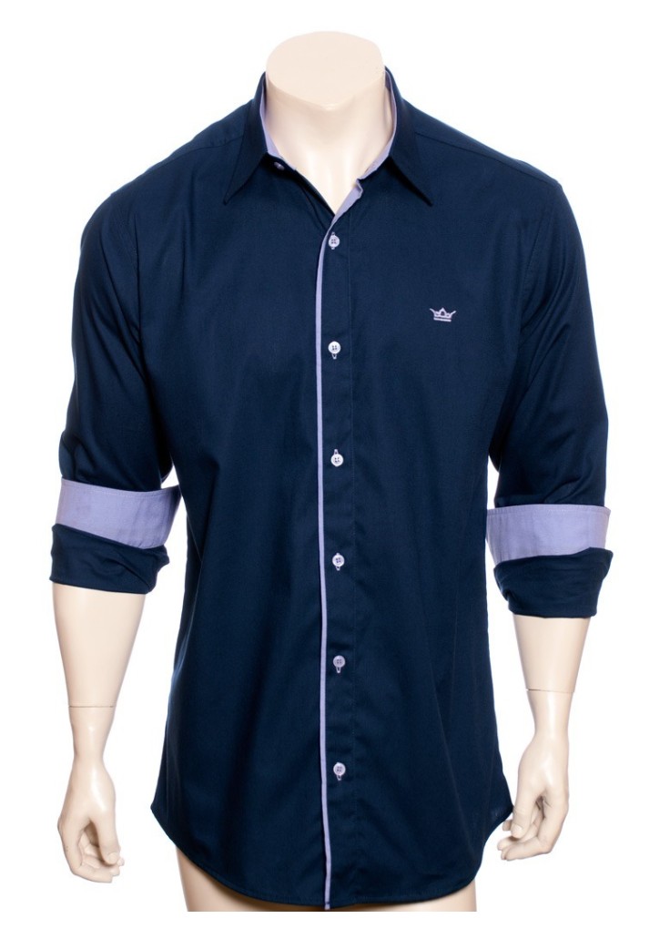 Camisa social azul marinho de tricoline manga longa