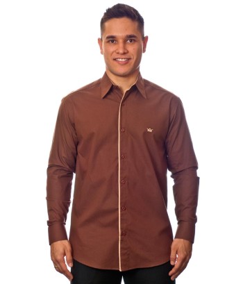 Camisa social marrom masculina manga longa de algodão