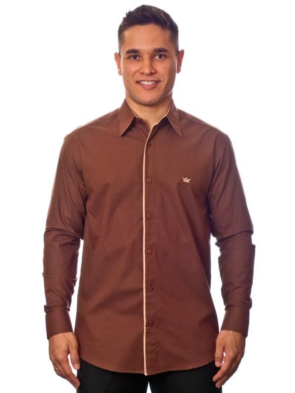 Camisa social marrom masculina manga longa de algodão