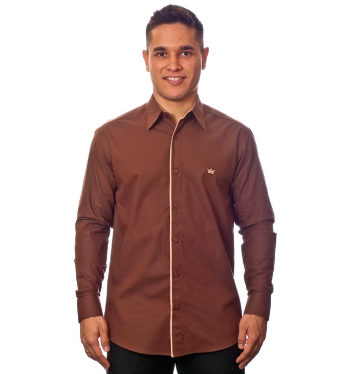 Camisa social marrom masculina manga longa de algodão