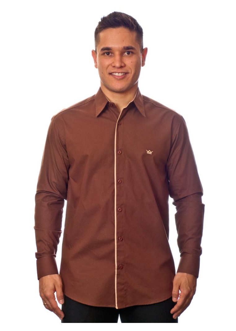 Camisa social marrom masculina manga longa de algodão