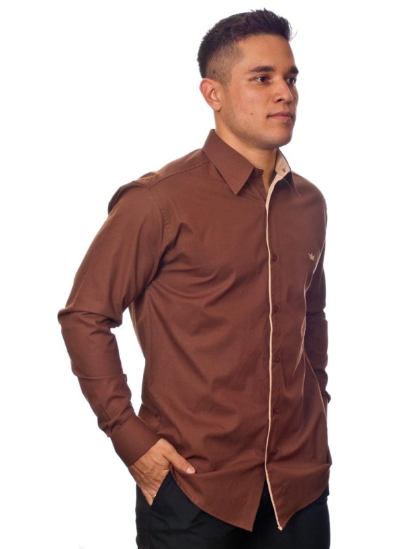 Camisa social marrom masculina manga longa de algodão
