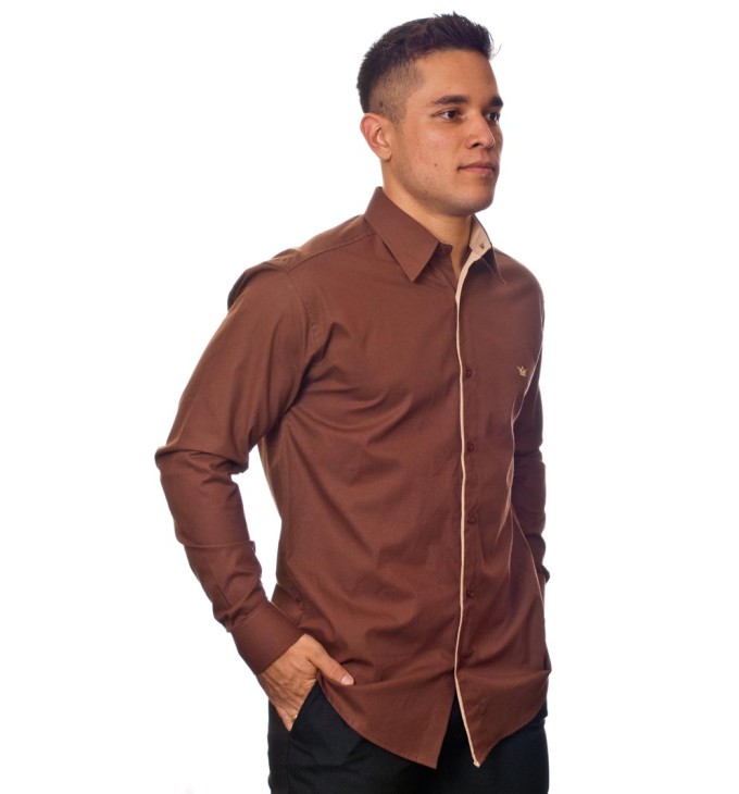 Camisa social marrom masculina manga longa de algodão