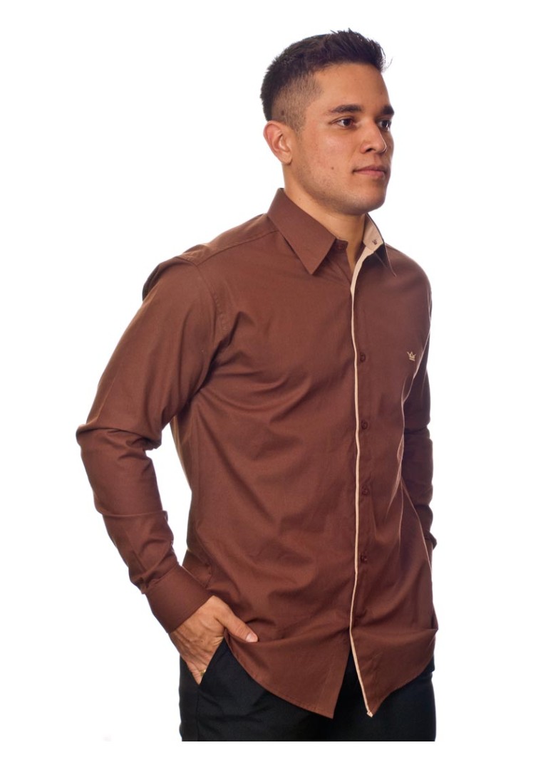 Camisa social marrom masculina manga longa de algodão