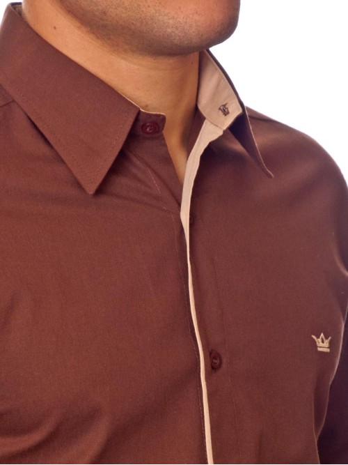 Camisa social marrom masculina manga longa de algodão