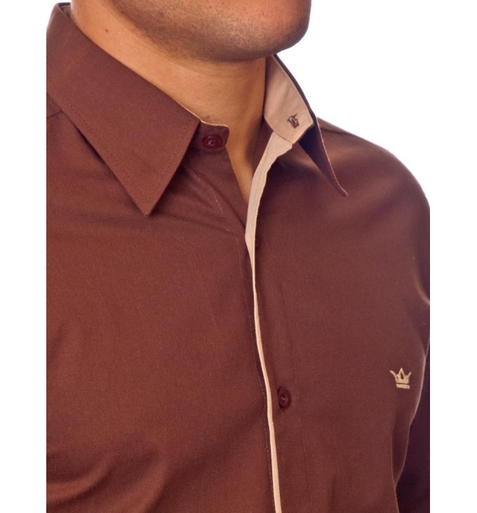 Camisa social marrom masculina manga longa de algodão