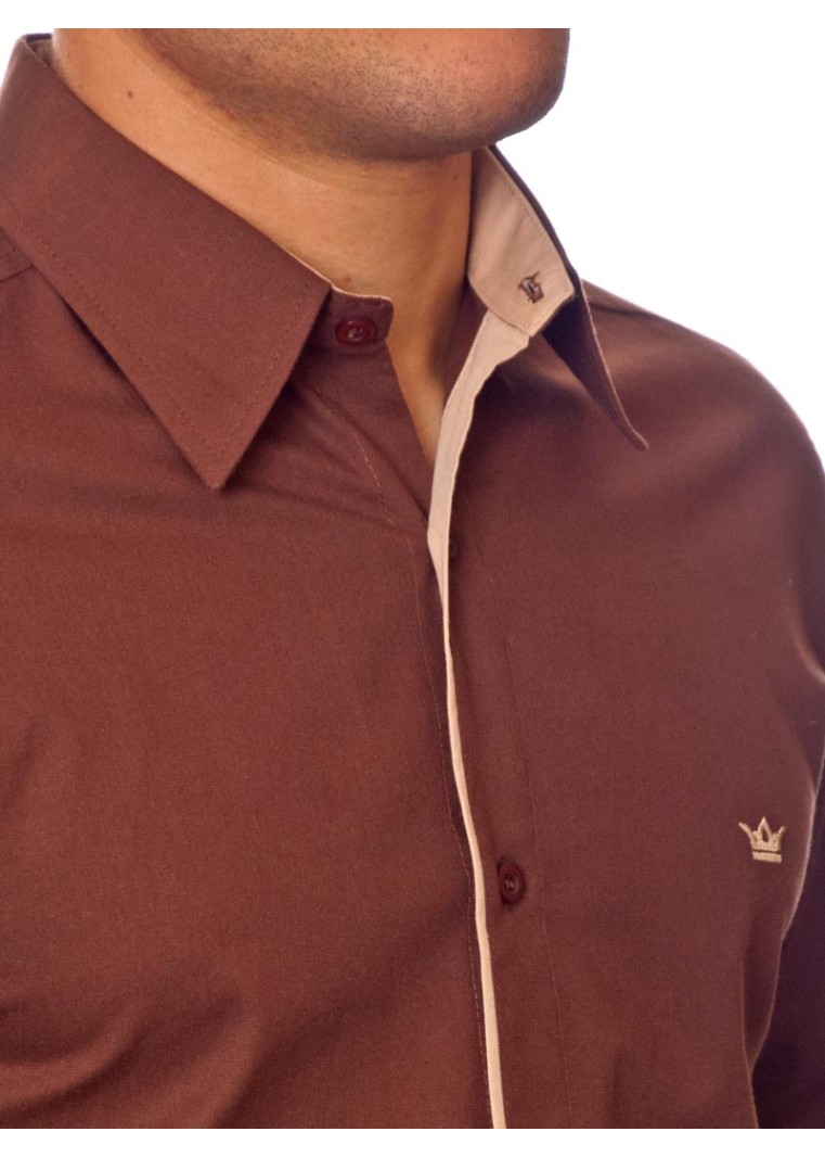 Camisa social marrom masculina manga longa de algodão