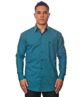 Camisa social azul cobalto masculina manga longa com detalhe, de algodão