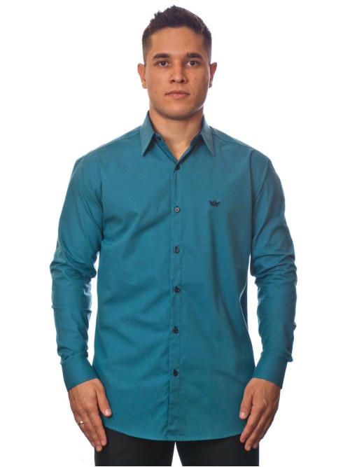 Camisa social azul cobalto masculina manga longa com detalhe, de algodão