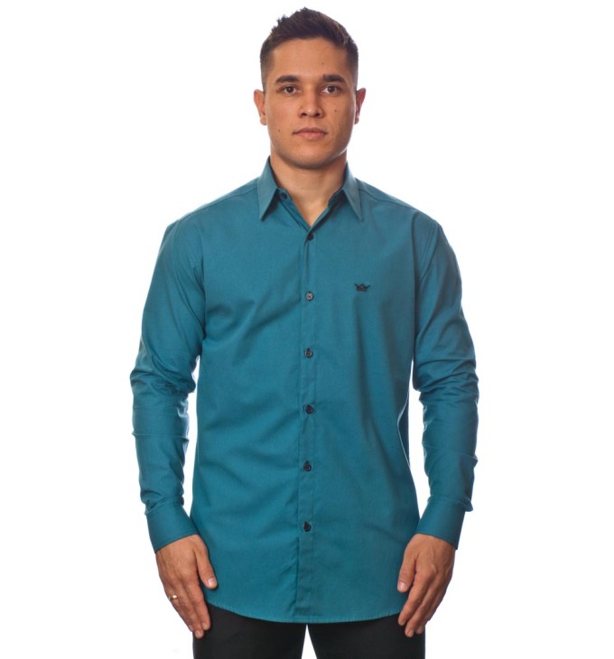 Camisa social azul cobalto masculina manga longa com detalhe, de algodão Camisa social azul cobalto masculina manga longa com detalhe, de algodão