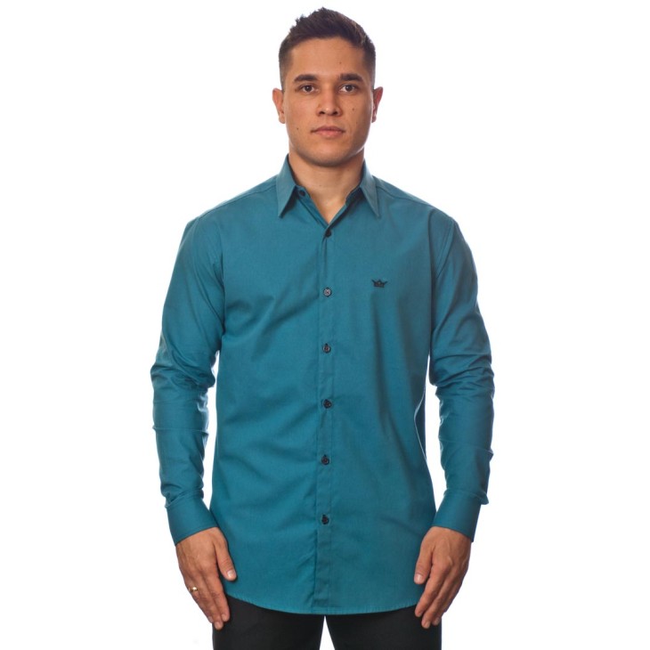 Camisa social azul cobalto masculina manga longa com detalhe, de algodão