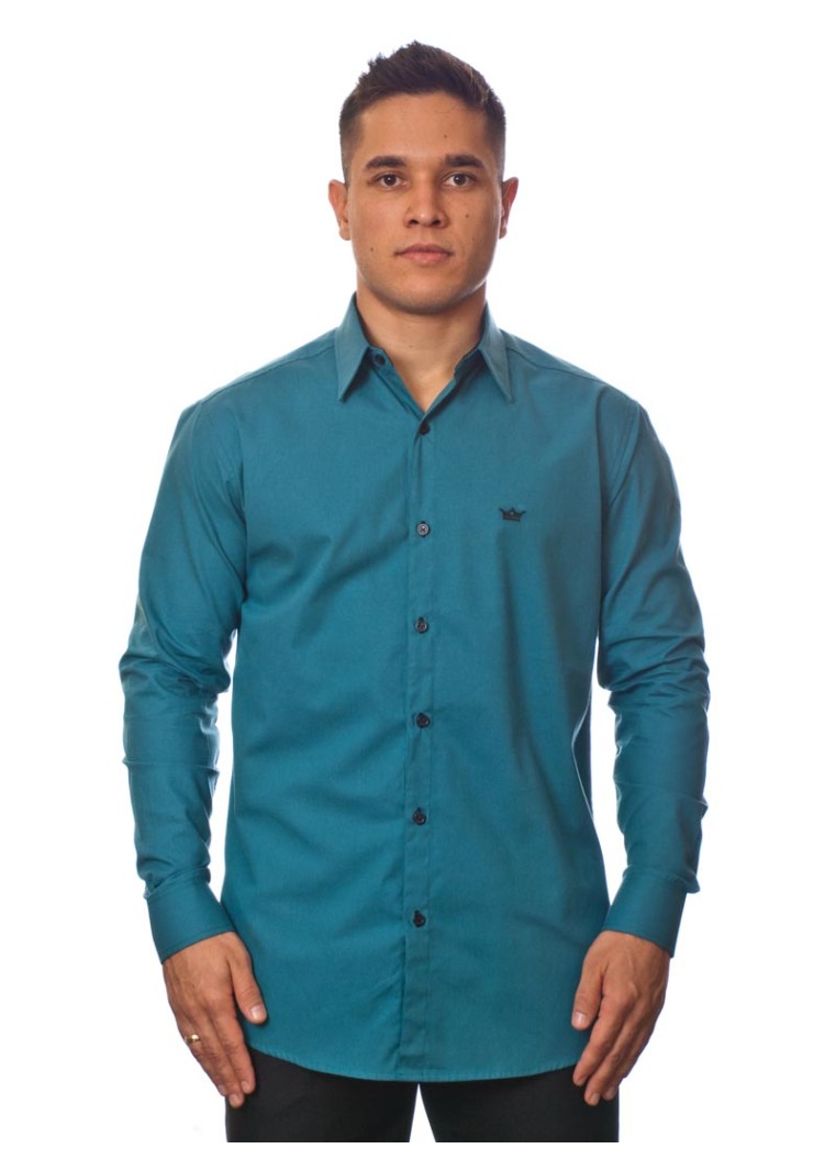 Camisa social azul cobalto masculina manga longa com detalhe, de algodão