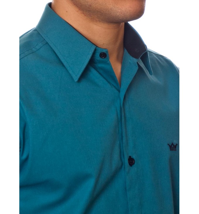 Camisa social azul cobalto masculina manga longa com detalhe, de algodão Camisa social azul cobalto masculina manga longa com detalhe, de algodão