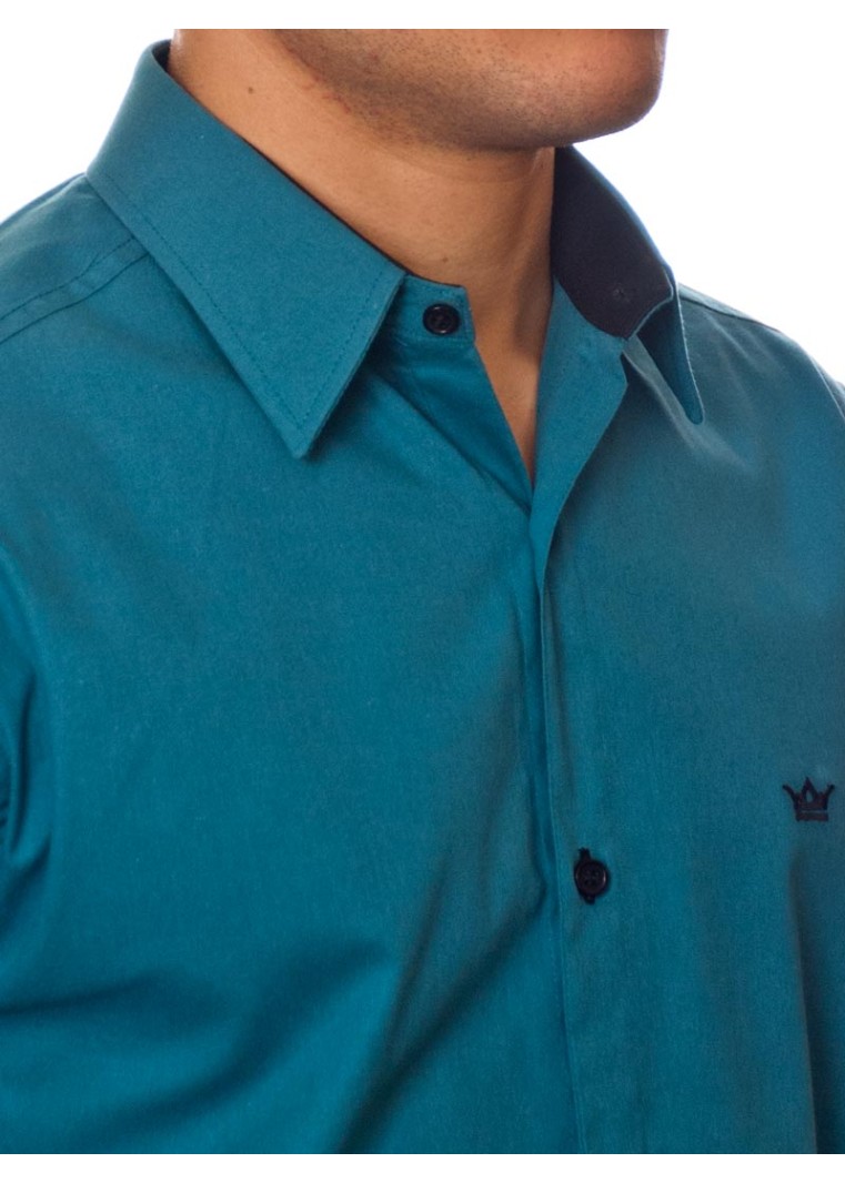 Camisa social azul cobalto masculina manga longa com detalhe, de algodão