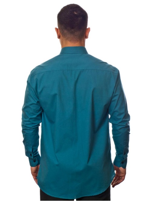 Camisa social azul cobalto masculina manga longa com detalhe, de algodão