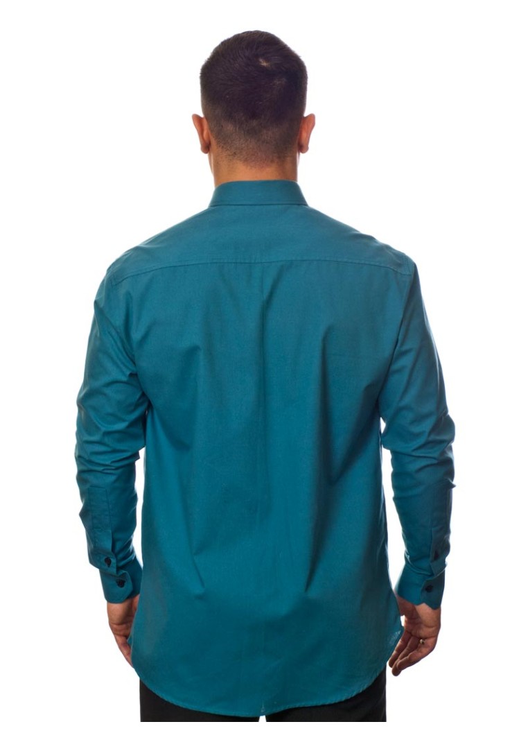 Camisa social azul cobalto masculina manga longa com detalhe, de algodão