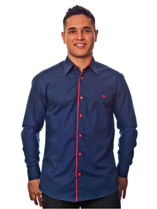 Camisa social marinho masculina manga longa de algodão