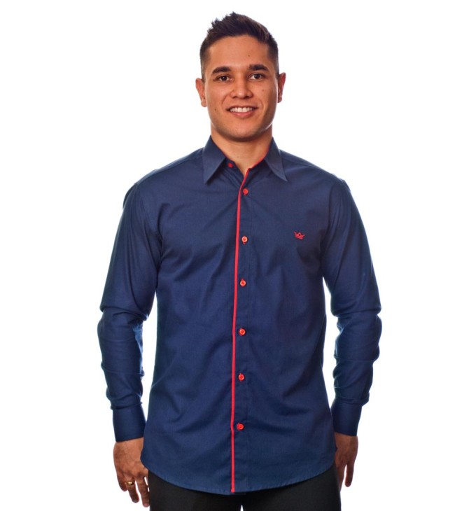 Camisa social marinho masculina manga longa de algodão