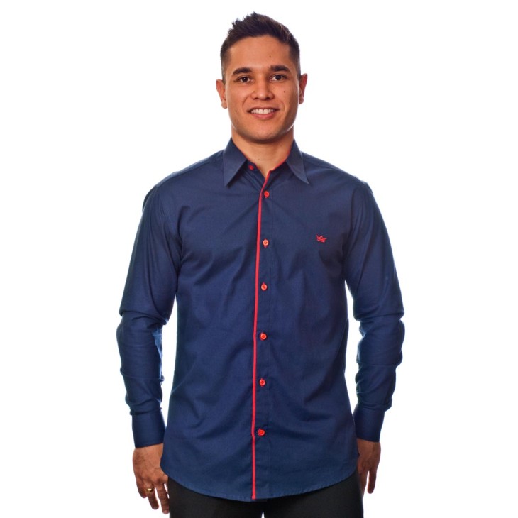 Camisa social marinho masculina manga longa de algodão
