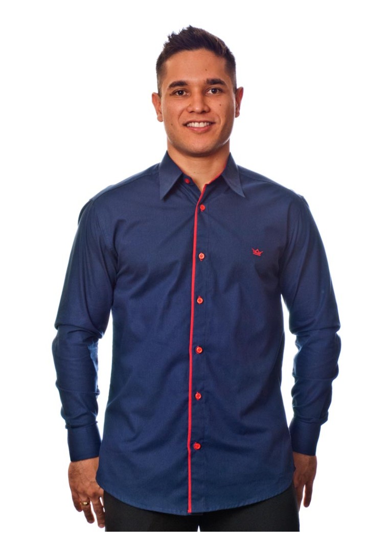 Camisa social marinho masculina manga longa de algodão