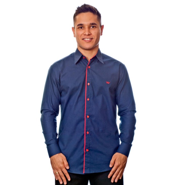 Camisa social marinho masculina manga longa de algodão