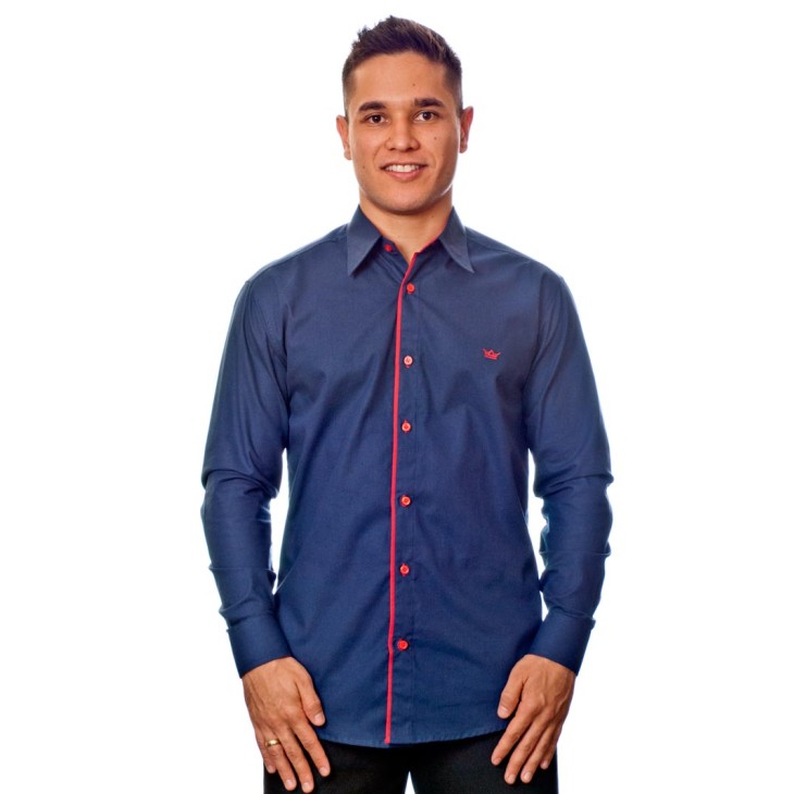 Camisa social marinho masculina manga longa de algodão