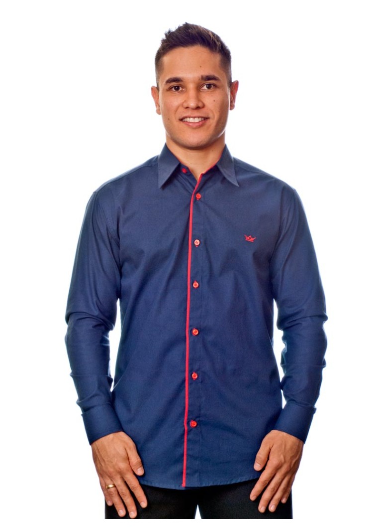 Camisa social marinho masculina manga longa de algodão