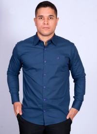 Camisa Masculina de Manga Longa Azul Marinho com detalhes