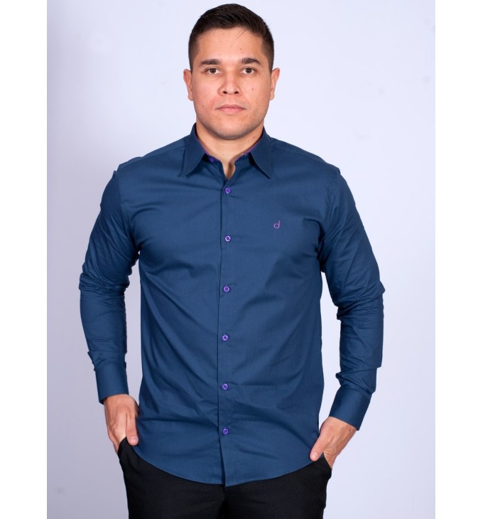 Camisa Masculina de Manga Longa Azul Marinho com detalhes Camisa Masculina de Manga Longa Azul Marinho com detalhes