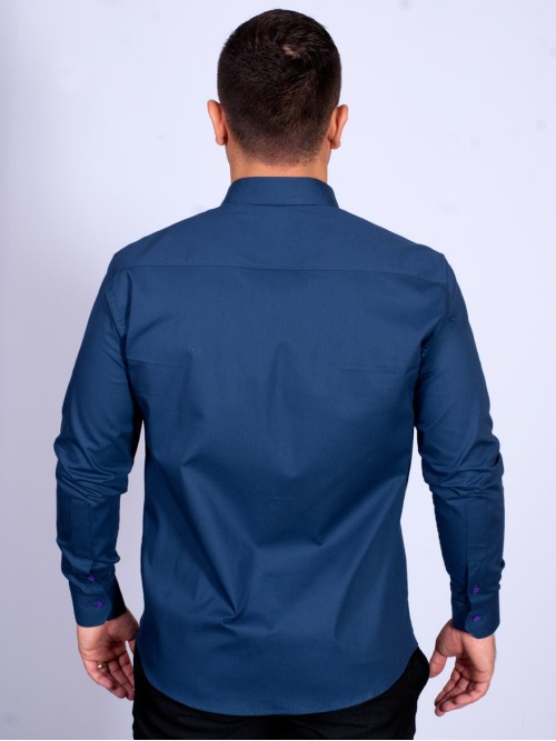 Camisa Masculina de Manga Longa Azul Marinho com detalhes