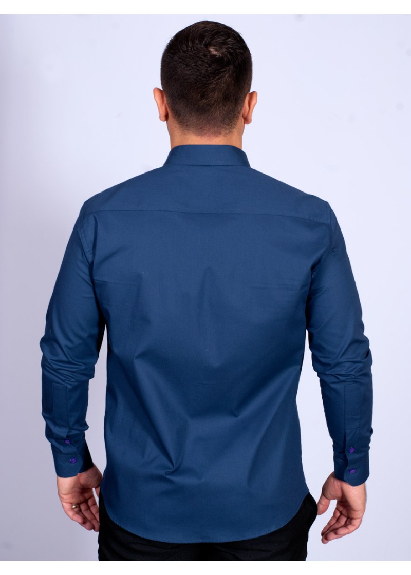 Camisa Masculina de Manga Longa Azul Marinho com detalhes