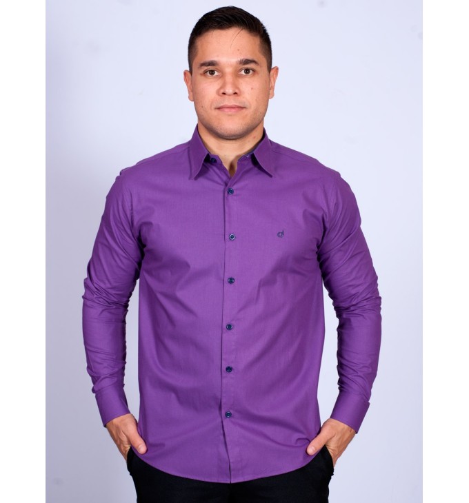 Camisa Masculina de Manga Longa Roxa com detalhes em marinho Camisa Masculina de Manga Longa Roxa com detalhes em marinho