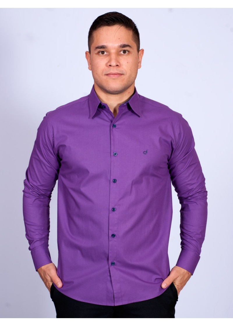 Camisa Masculina de Manga Longa Roxa com detalhes em marinho
