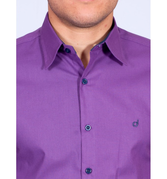 Camisa Masculina de Manga Longa Roxa com detalhes em marinho Camisa Masculina de Manga Longa Roxa com detalhes em marinho