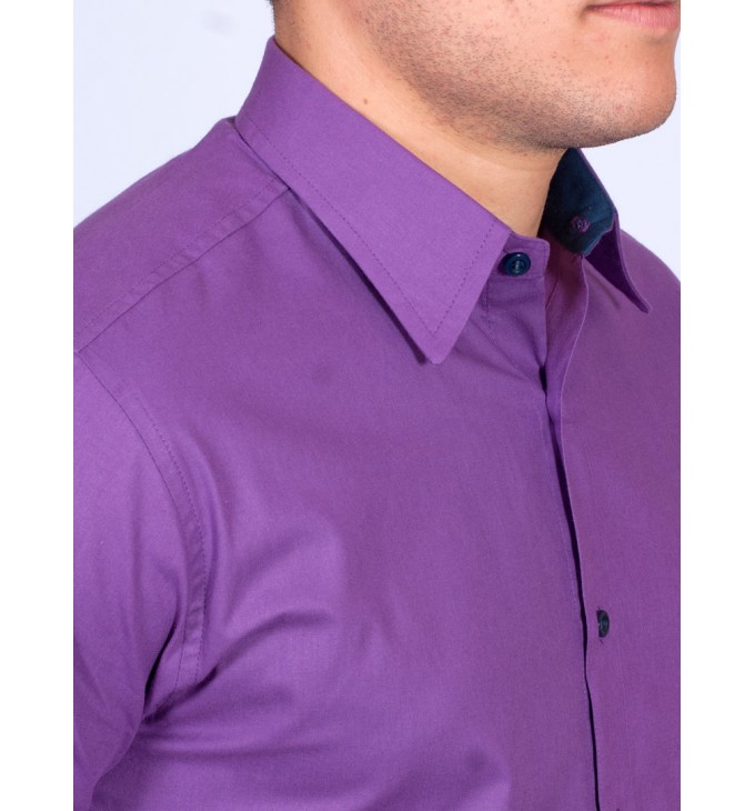 Camisa Masculina de Manga Longa Roxa com detalhes em marinho Camisa Masculina de Manga Longa Roxa com detalhes em marinho