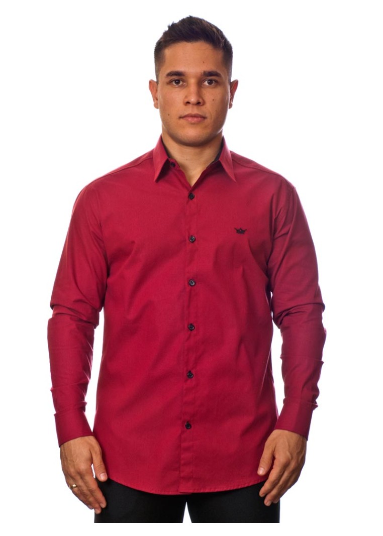 Camisa social vinho masculina manga longa com detalhe de algodão