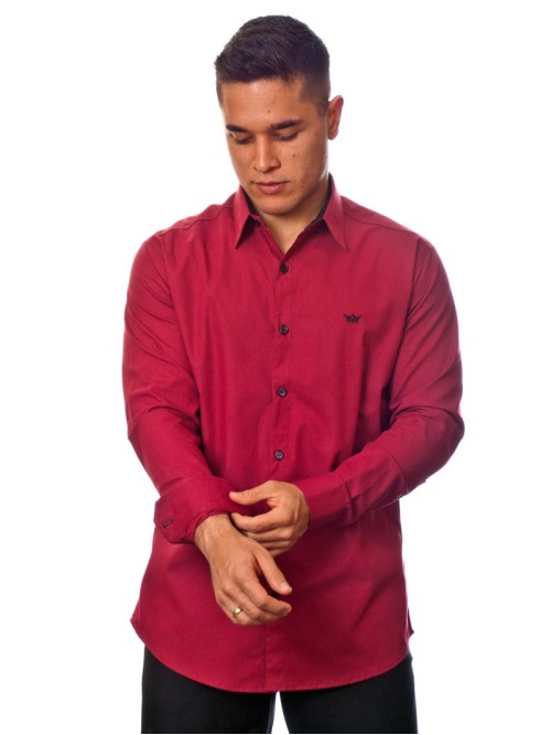 Camisa social vinho masculina manga longa com detalhe de algodão