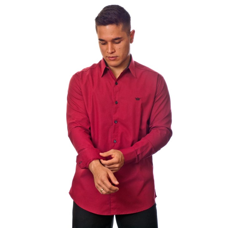 Camisa social vinho masculina manga longa com detalhe de algodão