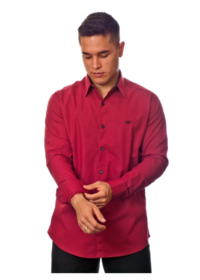 Camisa social vinho masculina manga longa com detalhe de algodão
