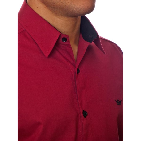 Camisa social vinho masculina manga longa com detalhe de algodão