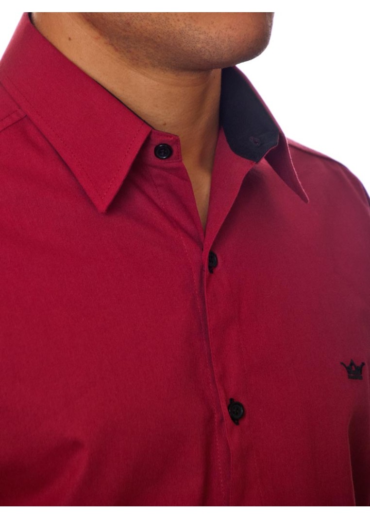 Camisa social vinho masculina manga longa com detalhe de algodão